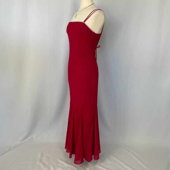 Vintage 90s Y2K Formal Dress Size Small Red Glitter Rhinestone Strappy Prom Long - Picture 6 of 16
